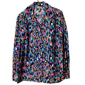 Vintage 70s Women's Disco Shirt Size Large Acrylic Barkcloth Confetti Eclectic